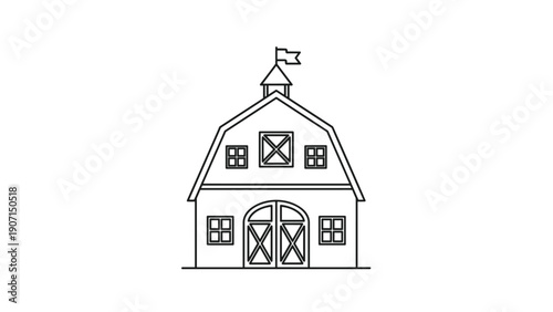 Simple line drawing of a traditional wooden barn building with windows and a small flag on top of the roof.