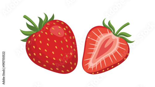 Sweet red strawberry illustration featuring one whole fruit and one half slice showing internal seeds on a white background.