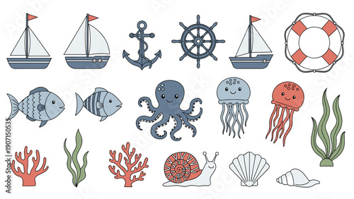 Comprehensive collection of nautical and marine life icons featuring ships, anchors, sea creatures, and underwater elements.