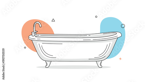Elegant line art drawing of a classic vintage clawfoot bathtub with traditional silver faucet and stylized backgrounds.