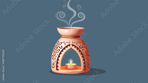 Traditional ceramic aroma oil burner with a lit candle inside and elegant smoke swirls on a dark blue background.