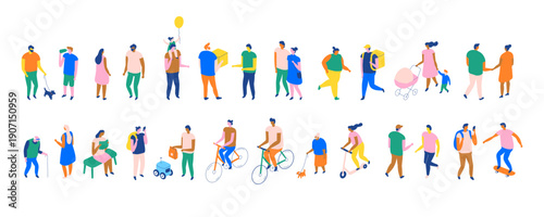 Panoramic isometric banner of urban life: diverse people walking, cycling, deliveries, yoga, sports, families, pets, kids, and social connections. Modern flat vector scene.
