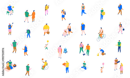 Isometric vector set of colorful city people in everyday scenes: jogging, cycling, deliveries, yoga, family, friendship, pets, children, and social urban lifestyle.