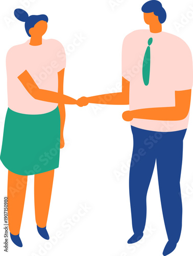 Flat isometric illustration of handshake. Modern man and woman greeting each other, business communication, agreement, cooperation and everyday lifestyle concept.