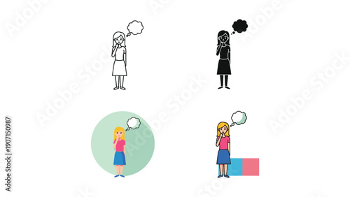 Girl in Thought Pondering Ideas with Different Styles of Thought Bubbles