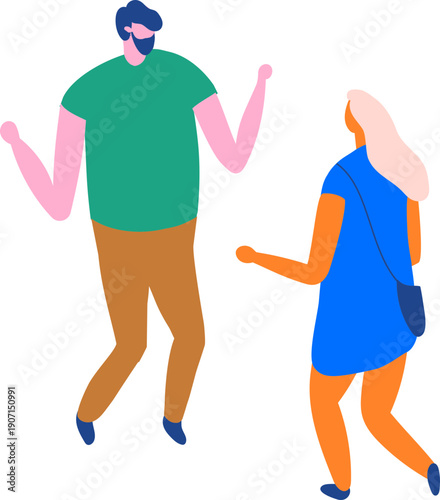 Flat vector illustration of couple in conversation. Isometric man and woman in casual lifestyle, relationship, communication, love and everyday companionship concept.