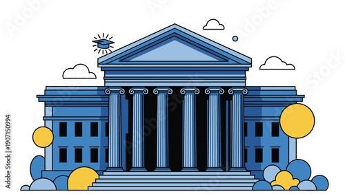 Grand blue building with classical columns and clouds represents a university, museum, courthouse, or important government institution in a clean flat design.