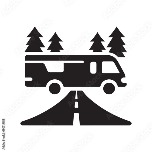 Camper van hidden road abstract silhouette line art logo design concept illustration