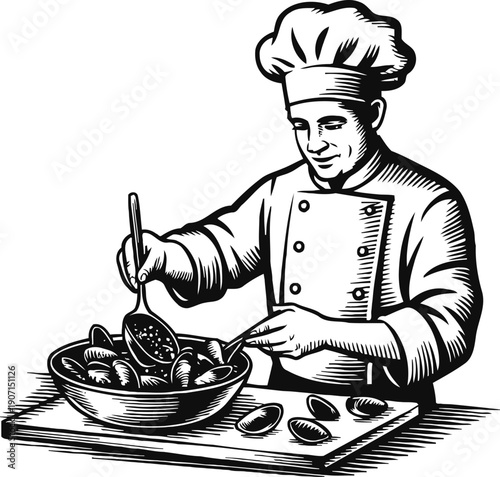 Chef cooking seafood dish with clams in bowl preparing fresh shellfish meal