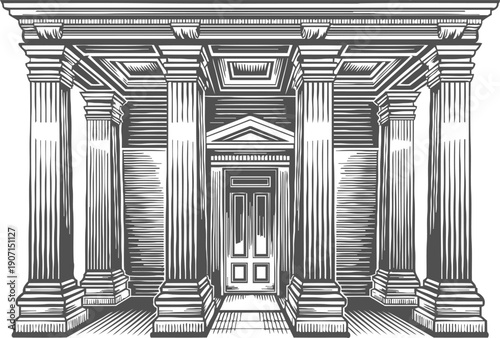 classical entrance with corinthian columns and decorated pediment in vintage engraved