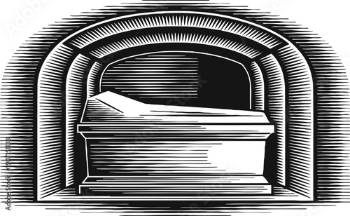 Coffin inside stone crypt gothic burial chamber with sarcophagus in dark tomb interior