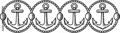 nautical pattern with anchors and ropes marine maritime design with chain links in black and white line art