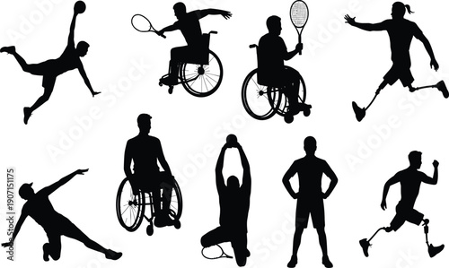 Collection of black silhouettes of athletes playing sports including wheelchair tennis and running with prosthetics