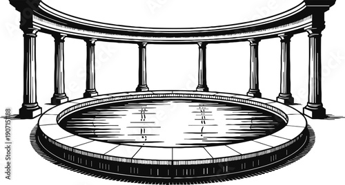 Classic circular fountain with water basin surrounded by tall stone columns and curved colonnade