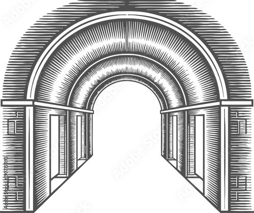 Monochrome illustration of a classic arched tunnel entrance with brick and stone structure