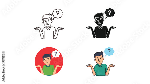 Confused man shrugging icon set with question marks and thought bubbles