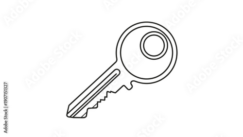 Simple black outline of a key on a white background symbolizes access, security, property ownership, unlocking solutions, and finding hidden opportunities.