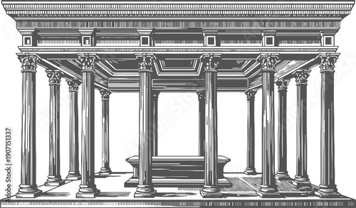 ancient greek temple with classical columns and detailed entablature architectural illustration