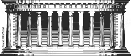 Classical ancient greek temple facade with corinthian columns and detailed architectural elements