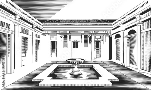 Ancient courtyard with central fountain and classical columns in monochrome line art