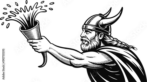 Viking warrior with braided hair and horned helmet blowing a drinking horn with liquid splash