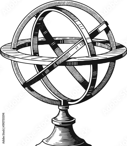 Vintage armillary sphere illustration with intricate bands and stand, celestial navigation tool design