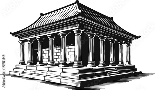 Ancient greek temple illustration with doric columns and sloped roof, classical architecture design