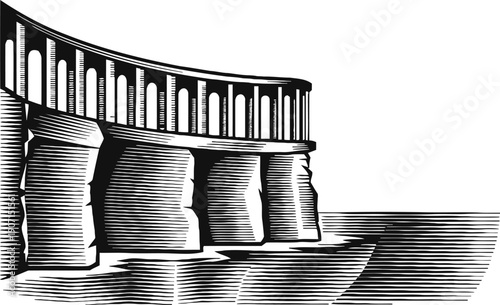 Ancient stone pillar structure with curved architectural design in black and white illustration