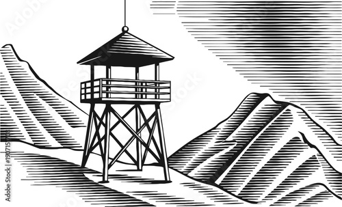 Watchtower in mountain landscape with hills and sky, vintage woodcut illustration