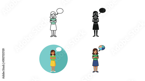 Pondering Woman with Thought Bubble, Four Styles: Line, Silhouette, Flat, and Color