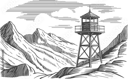 Mountain lookout tower standing on rocky terrain with rugged peaks in background monochrome sketch