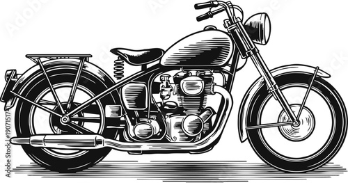 Vintage motorcycle side view illustration with classic engine and detailed frame design