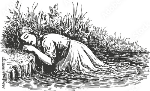 black and white illustration of a woman lying unconscious in a river with plants and wooden posts nearby