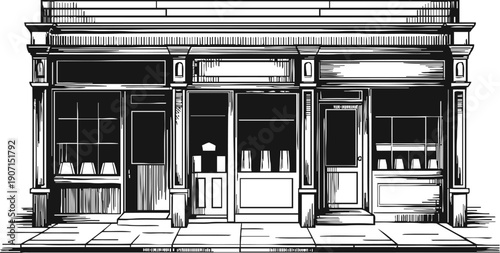 Classic storefront facade with large display windows and central door in vintage black and white line art
