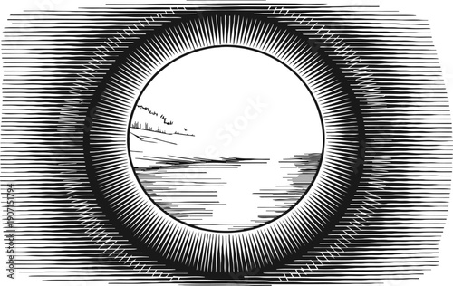 Vintage camera lens viewfinder with coastal seascape, ocean waves and distant shoreline horizon