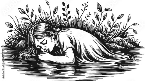 Girl lying face down in water surrounded by plants and grass in black and white illustration