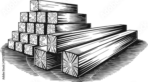 Stacked wooden logs illustration pile of timber beams in black and white vintage engraving