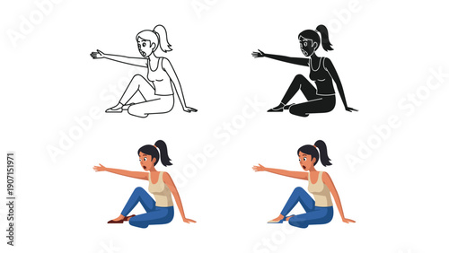 Woman Reaching Out, Four Styles: Line Art, Silhouette, Flat Color, and Detailed Color