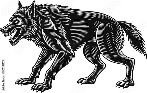 Fierce snarling wolf illustration in black and white with detailed fur and sharp claws