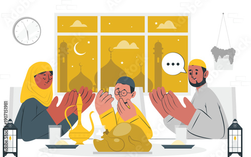 Family gathered for prayer in a serene home environment with a calm atmosphere and peaceful viewpoint