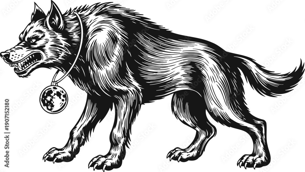 Obraz premium fierce wolf with detailed fur snarling and growling, wearing a pendant collar