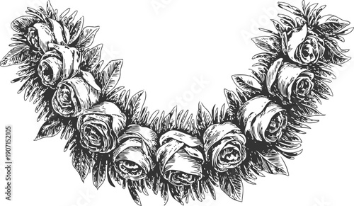 Hand drawn floral garland with roses and leaves in vintage decorative botanical wreath design