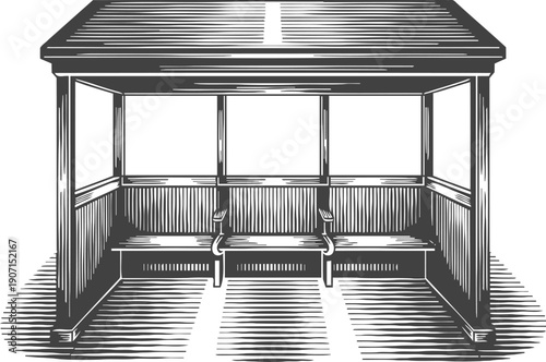Classic wooden bus stop shelter with bench seating and slatted roof structure illustration