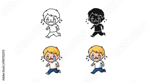 Crying child running icons, distress, sadness, fear