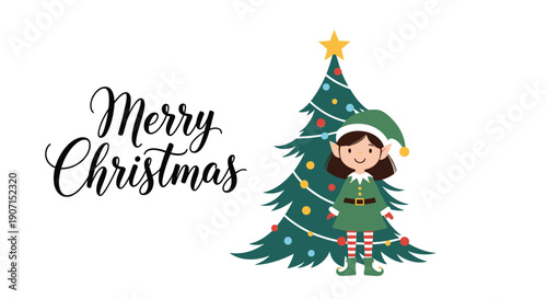 Festive holiday greeting card with a cute little Christmas elf standing next to a beautifully decorated evergreen tree.