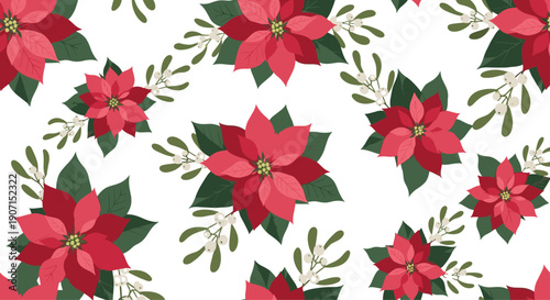 Seamless winter pattern with bright red poinsettia flowers, green leaves, and clusters of white mistletoe berries.