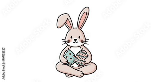 A cute cartoon bunny sitting crosslegged holding decorated easter eggs easter