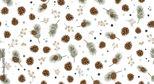 Seamless natural pattern featuring brown pine cones, green pine needles, and small white berries on a white background.