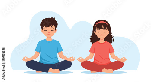 Young boy and girl practicing mindfulness while sitting in the lotus meditation pose against a soft blue abstract background for wellness.