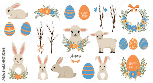Comprehensive collection of cute Easter elements including fluffy rabbits, newborn lambs, decorated eggs, willow twigs, and spring floral wreaths.